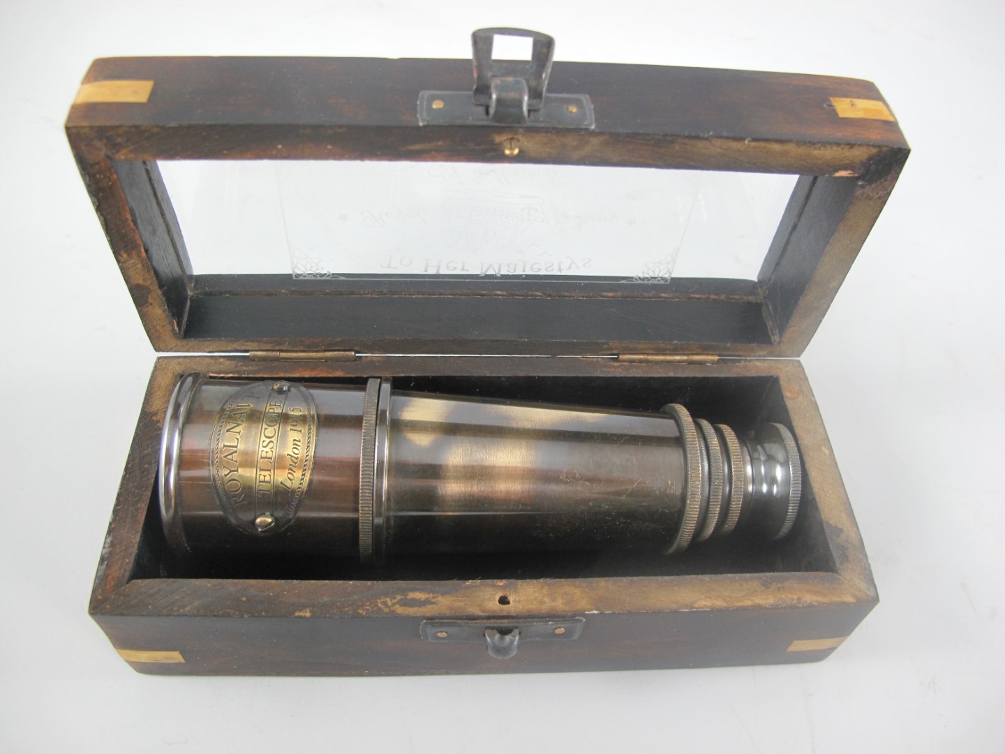 Fernrohr Messing brüniert Holz Box L.16x7cm