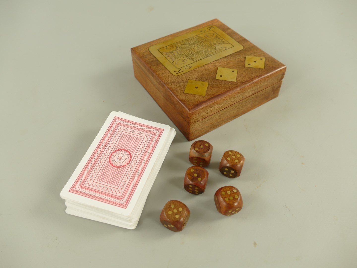 Spielkarten Holzbox mit Karten-Würfel(5x) L.11cm