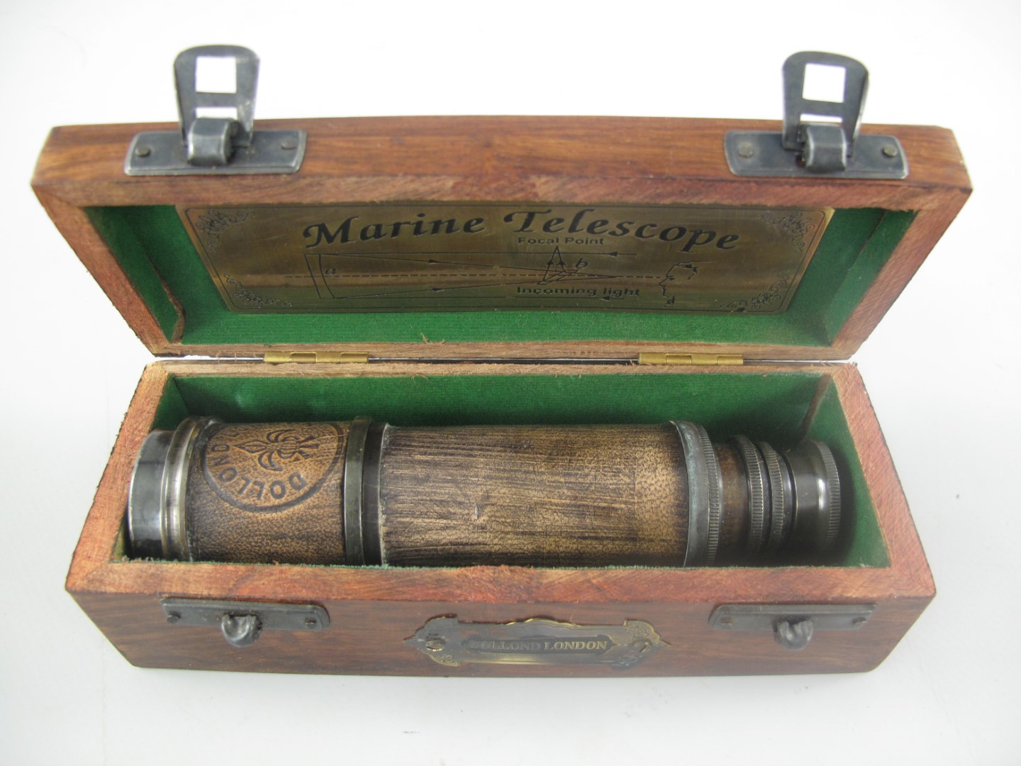 Fernrohr Mes./leder Classic patina Holz Box L.17cm