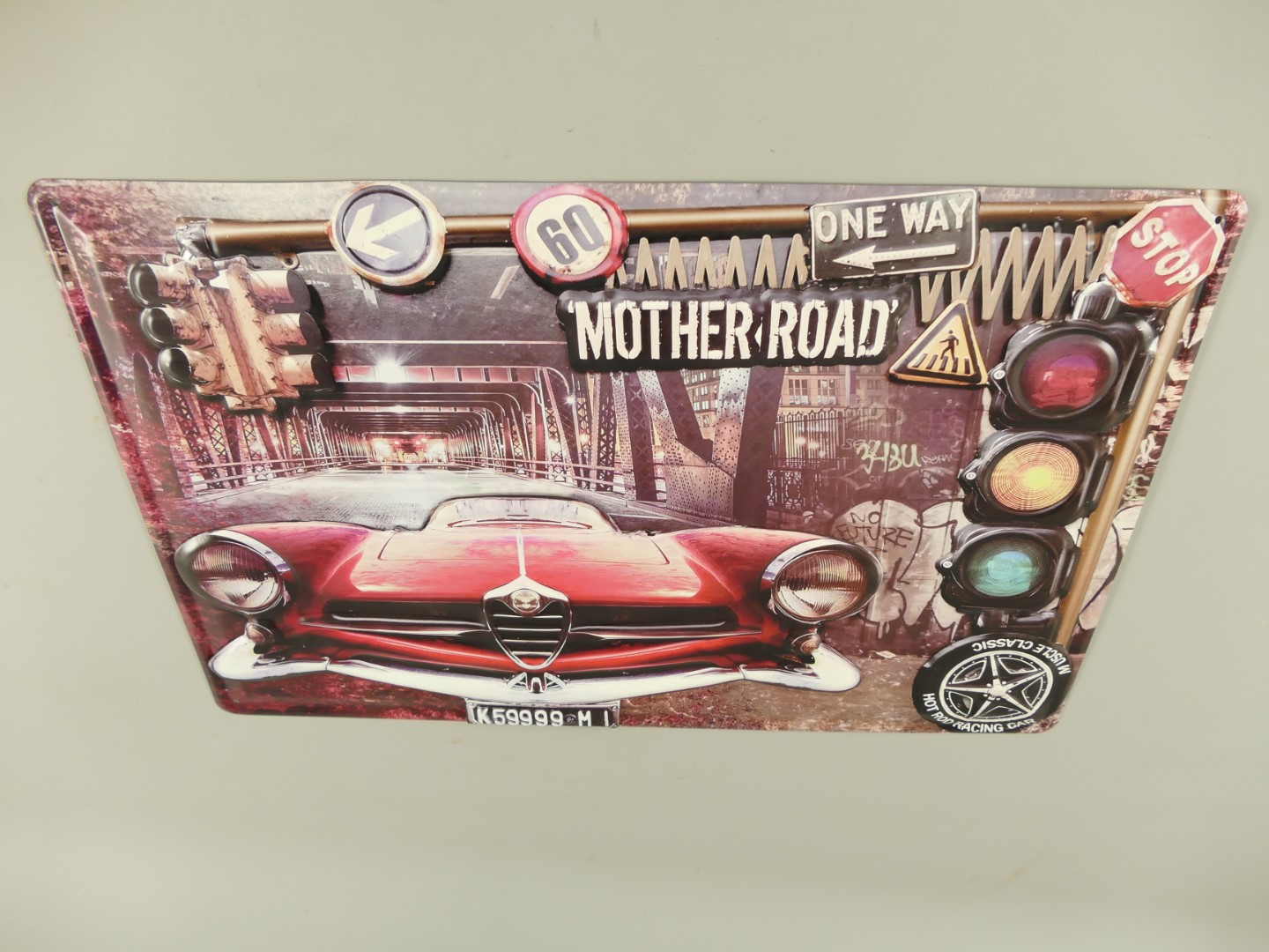 Wandschild(Gestanz) Eisen Auto Mother Road L.60cm