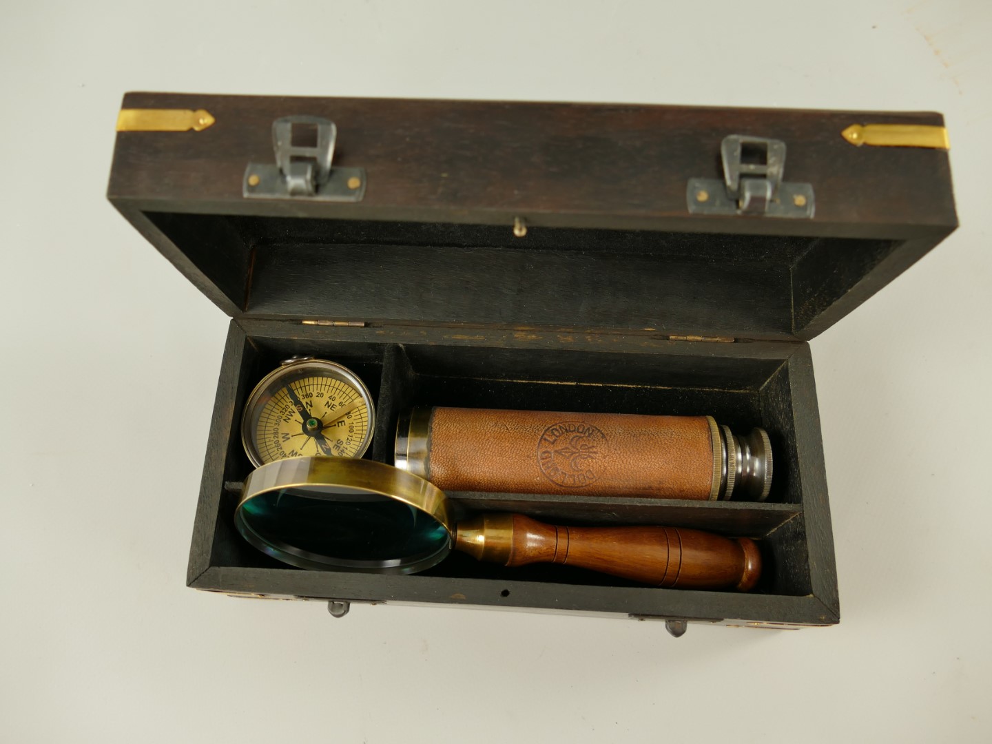 Nautikset Mes./leder patina Holz Box L.23x11cm