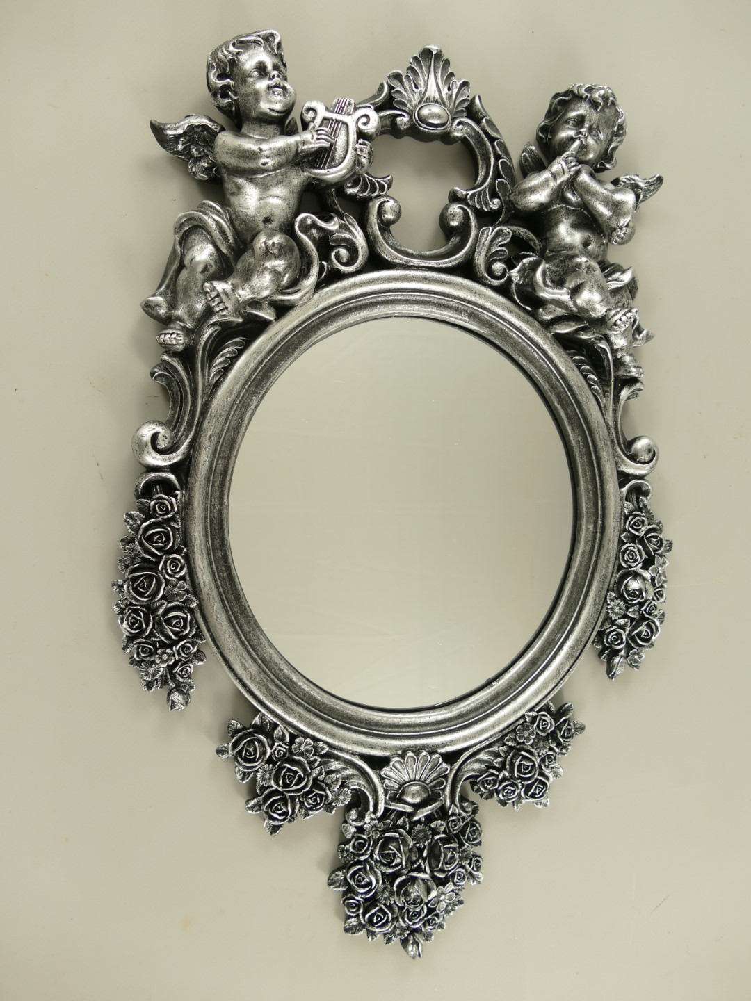 Wandspiegel Engel Polystein Silber H.50cm
