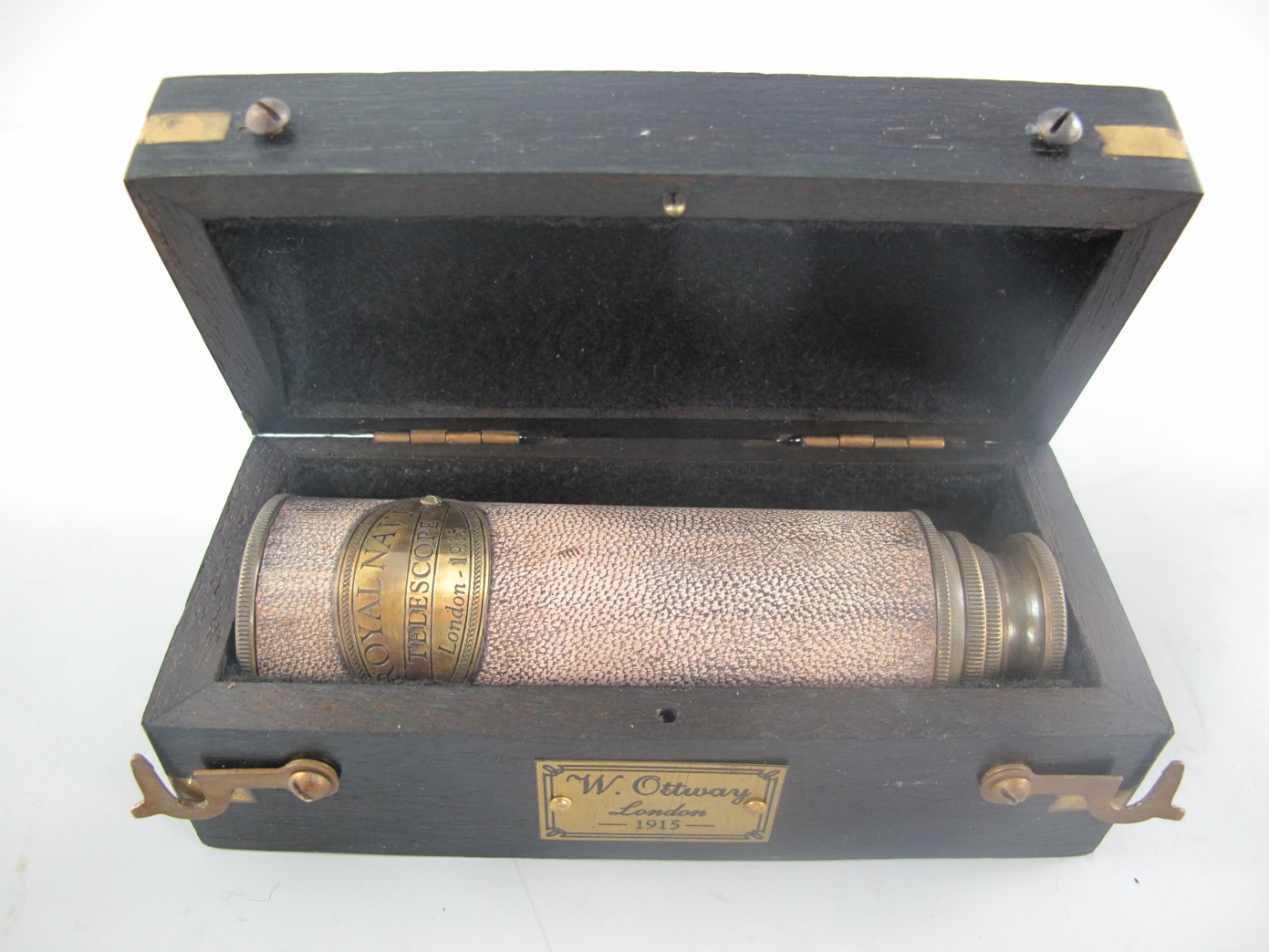 *ANG. Fernrohr Messing brün. leder Holz Box L.13cm
