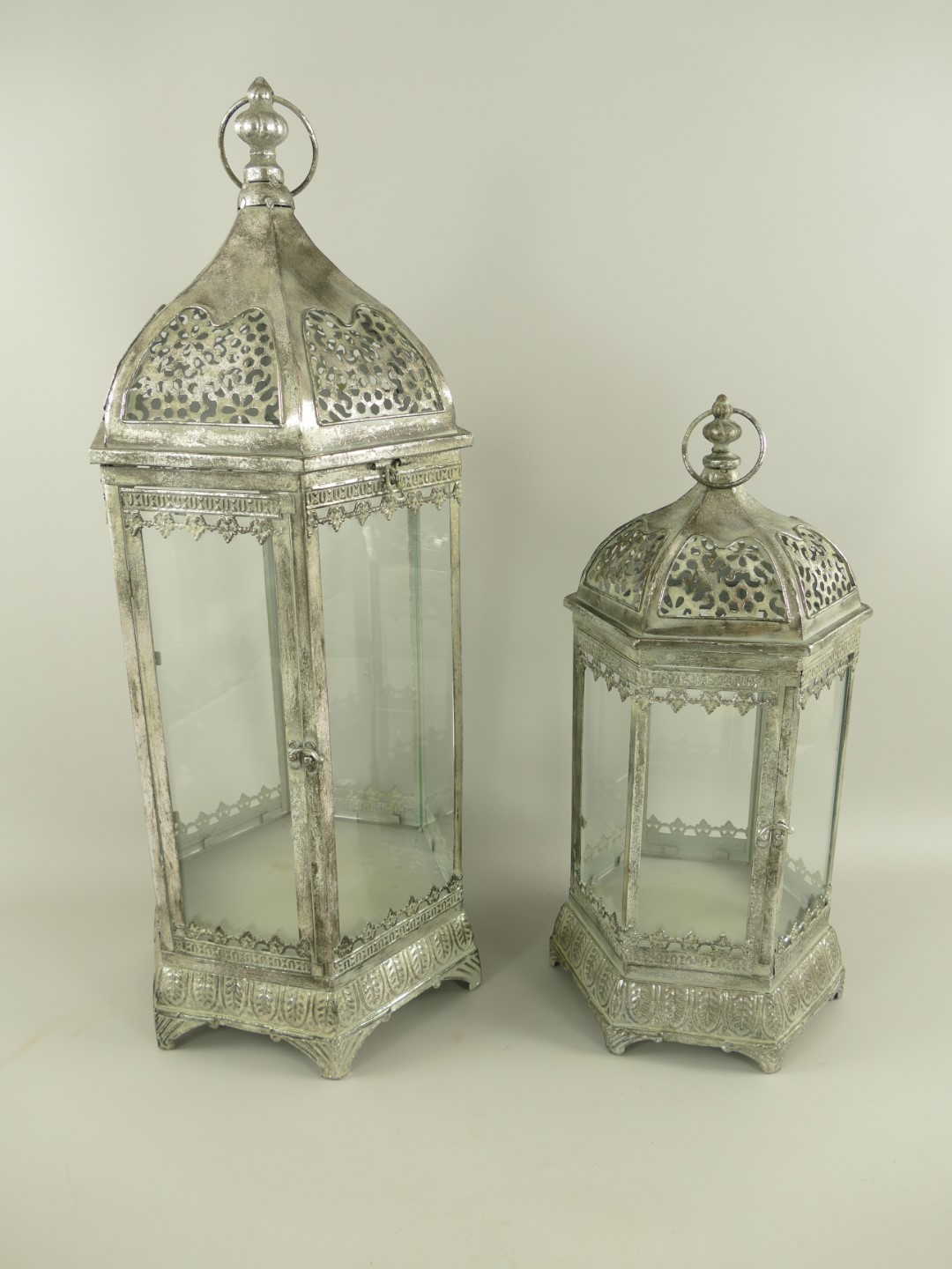 (*) Latern Eisen silber farbe Set/2 H.50/72cm